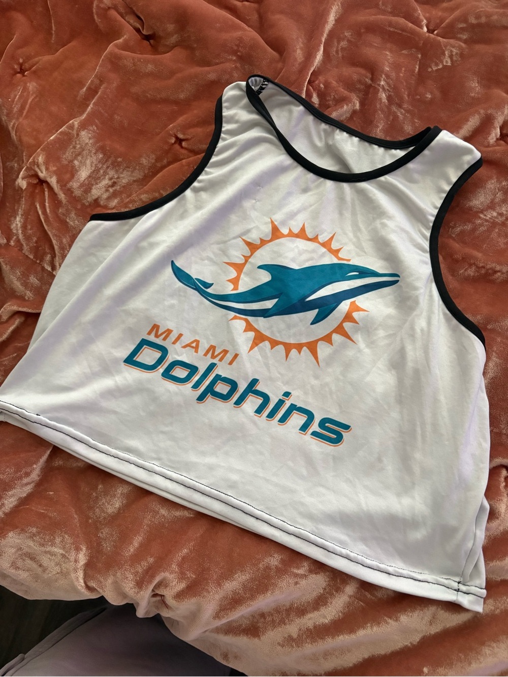 Amazon White Miami Dolphins Graphic Crop Tank with Teal and Orange Logo